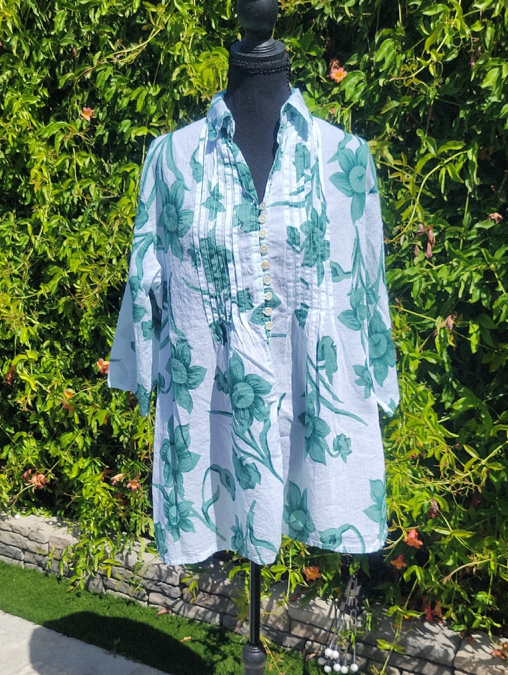 Floral Cotton Button-Up Blouse/Swim Cover Up M